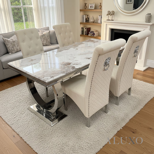 Orvar 1.8m Cream Marble Dining Table with Chrome Double O Base & 4/6 Cream Velvet Lion Knocker Chairs