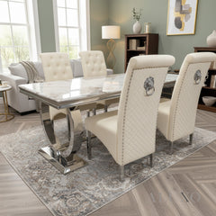 Orvar 1.8m Cream Marble Dining Table with Chrome Double O Base & 4/6 Cream Velvet Lion Knocker Chairs