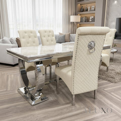 Orvar 1.8m Cream Marble Dining Table with Chrome Double O Base & 4/6 Cream Velvet Lion Knocker Chairs