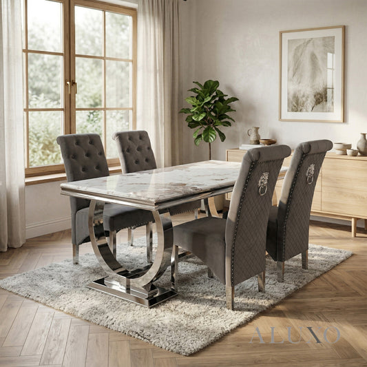 Orvar 1.8m Cream Marble Dining Table with Chrome O-Ring Base & 4/6/8/10 Einar Grey Velvet Chairs