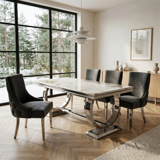 Orvar 1.8m Cream Marble Dining Table with Chrome O-Ring Base & 4/6/8 Oskar Dark Grey Velvet Chairs