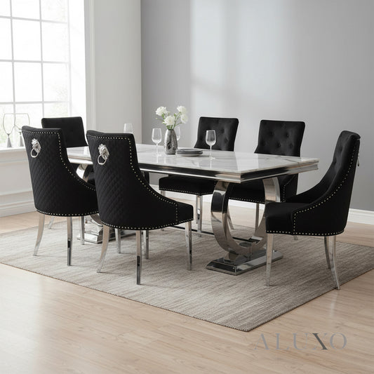 Orvar 1.8m White Marble Dining Set – Chrome Double O-Ring Table with 4/6/8 Bentley Black Velvet Chairs