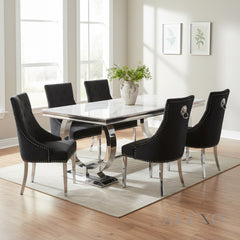 Orvar 1.8m White Marble Dining Table with Chrome O-Ring Base & 4/6/8 Black Bentley Velvet Chairs