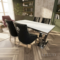 Orvar 1.8m White Marble Dining Table with Chrome O-Ring Base & 4/6/8 Black Bentley Velvet Chairs