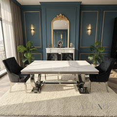 Orvar 1.8m White Marble Dining Table with Chrome O-Ring Base & 4/6/8 Black Bentley Velvet Chairs