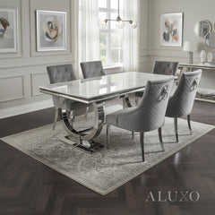 Orvar 1.8m White Marble Dining Table with Chrome O-Ring Base & 4/6/8 Grey Bentley Velvet Chairs