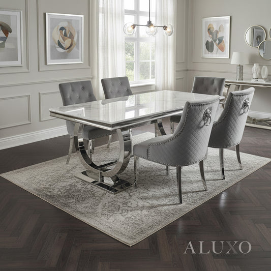 Orvar 1.8m White Marble Dining Set – Chrome Double O-Ring Table with 4/6/8 Bentley Dark Grey Velvet Chairs