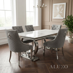 Orvar 1.8m White Marble Dining Table with Chrome O-Ring Base & 4/6/8 Grey Bentley Velvet Chairs