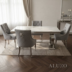 Orvar 1.8m White Marble Dining Table with Chrome O-Ring Base & 4/6/8 Grey Bentley Velvet Chairs