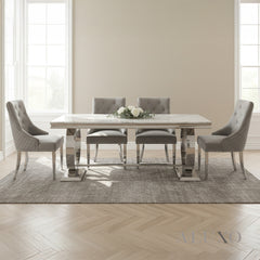 Orvar 1.8m White Marble Dining Table with Chrome O-Ring Base & 4/6/8 Grey Bentley Velvet Chairs