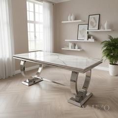 Orvar 1.8m White Marble Dining Table with Chrome O-Ring Base & 4/6/8 Grey Bentley Velvet Chairs