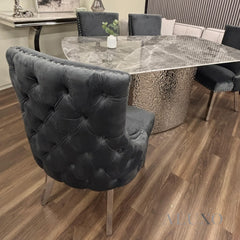 Oskar Velvet Dining Chair | Deep Button Back with Chrome Legs | Beige / Dark Grey