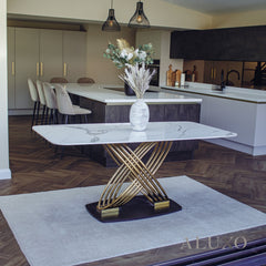 Ostuni 1.8m Slimline Gold Dining Set โ White Sintered Stone Table with 4/6 Olivia Beige Velvet Chairs