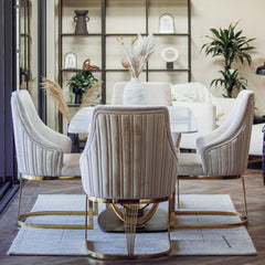 Ostuni 1.8m Slimline Gold Dining Set โ White Sintered Stone Table with 4/6 Olivia Beige Velvet Chairs