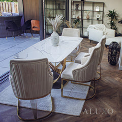 Ostuni 1.8m Slimline Gold Dining Set โ White Sintered Stone Table with 4/6 Olivia Beige Velvet Chairs