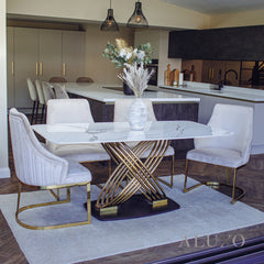 Ostuni 1.8m Slimline Gold Dining Set โ White Sintered Stone Table with 4/6 Olivia Beige Velvet Chairs