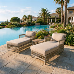 Porto Scandi-Coastal Sun Lounger Set – 2 Rattan Loungers & Acacia Table
