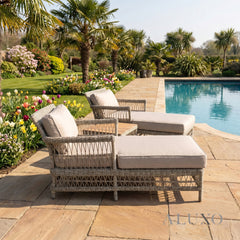 Porto Scandi-Coastal Sun Lounger Set – 2 Rattan Loungers & Acacia Table