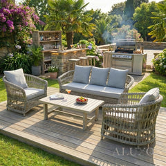 Pura Scandi-Coastal 3-Seater Outdoor Sofa Set – Beige Rattan & Acacia Wood
