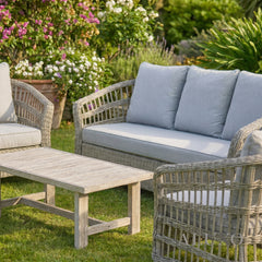 Pura Scandi-Coastal 3-Seater Outdoor Sofa Set – Beige Rattan & Acacia Wood
