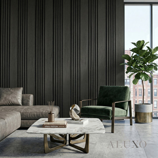 Panelux™ Pro Wide Random Rhythmic Slat Black Oak Wall Panels - 240cm x 30cm (Set Of 2)