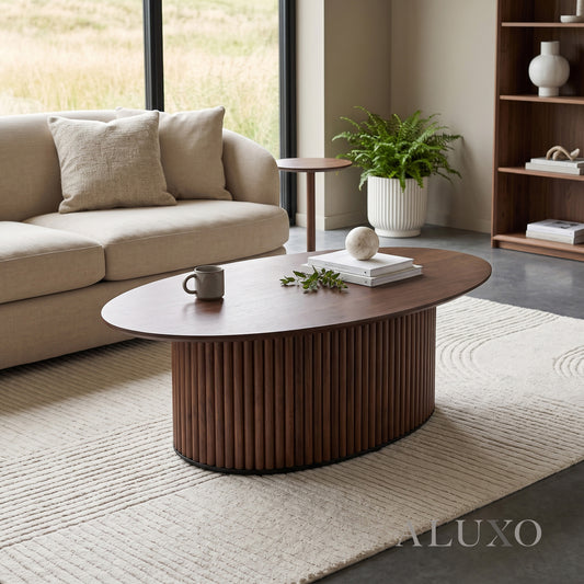 Rowen 130cm Oval Walnut Coffee Table with Ribbed Pedestal Base
