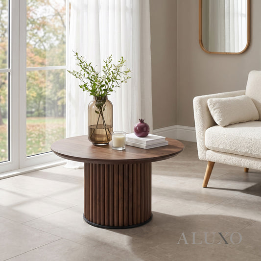 Rowen 80cm Round Walnut Coffee Table with Ribbed Pedestal Base