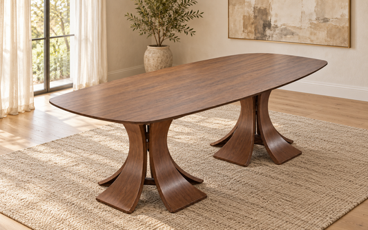 Alice 200cm Boat Shape Walnut Dining Table with Flared Pedestals