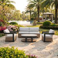 (PRE-ORDER) ALUXO® Selene 5-Seater Luxury Lounge Set – Onyx Aluminium, Woven Base & Sintered Stone Table