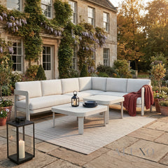 ALUXO® Sofia 6-Seater Luxury Corner Sofa Set – Taupe Aluminium & Slat Tables