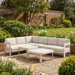 ALUXO® Sofia 6-Seater Luxury Corner Sofa Set – Taupe Aluminium & Slat Tables