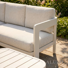 (PRE-ORDER) ALUXO® Sofia 6-Seater Luxury Corner Sofa Set – Taupe Aluminium & Slat Tables