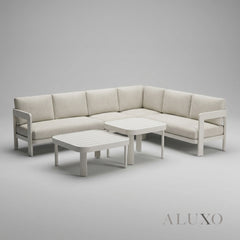 (PRE-ORDER) ALUXO® Sofia 6-Seater Luxury Corner Sofa Set – Taupe Aluminium & Slat Tables