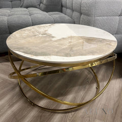 Stig Gold Round Coffee Table with Cream Sintered Stone Top – 80cm