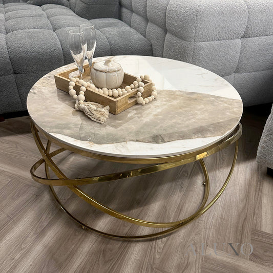 Stig Gold Round Coffee Table with Cream Sintered Stone Top – 80cm