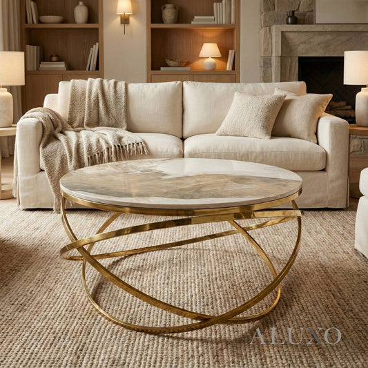 Stig Gold Round Coffee Table with Cream Sintered Stone Top – 80cm