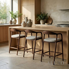 ALUXO® Tess Walnut Bar Stool with Oatmeal Bouclé Upholstery
