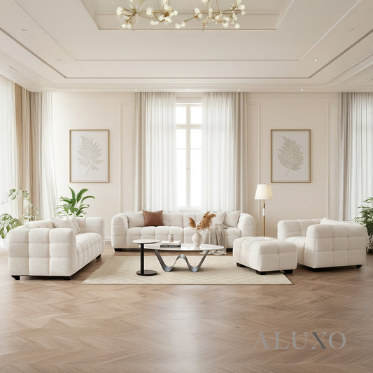ALUXO® Tribeca Bubble Sofa Full Collection Set in Oatmeal Beige Bouclé – 3 Seater, 4 Seater Sofa, Armchair & Footstool