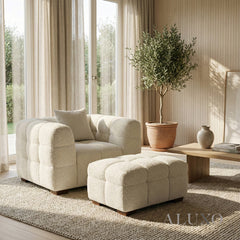 (PRE-ORDER) ALUXO® Tribeca Bubble Upholstered Footstool – Oatmeal Beige Bouclé