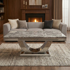 Urban 130cm Chrome Coffee Table with Light Grey Marble Top – U Stand Design