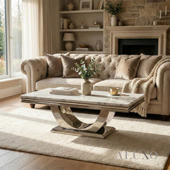 Urban 130cm Chrome Coffee Table with White Marble Top – U Stand Design