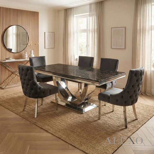 Urban 1.8m Black & Gold Marble Dining Set – Chrome U-Base Table with 4/6/8 Oskar Dark Grey Velvet Chairs
