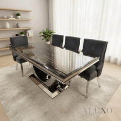 Urban 1.8m Black & Gold Marble Dining Set – Chrome U-Base Table with 4/6/8 Oskar Dark Grey Velvet Chairs