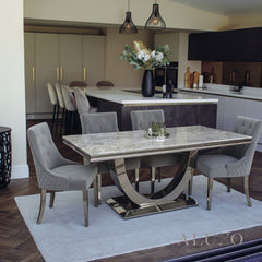 Urban 1.8m Light Grey Marble Dining Set - Chrome U Base Table with 4/6/8 Bentley Velvet Chairs
