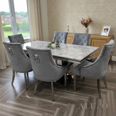 Urban 1.8m Light Grey Marble Dining Set - Chrome U Base Table with 4/6/8 Bentley Velvet Chairs