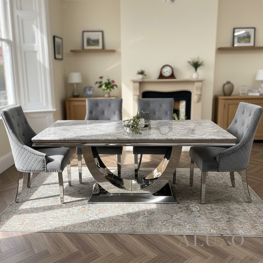 Urban 1.8m Light Grey Marble Dining Set - Chrome U Base Table with 4/6/8 Bentley Velvet Chairs