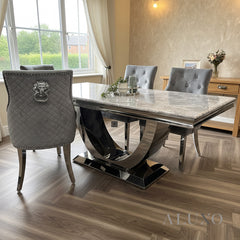 Urban 1.8m Light Grey Marble Dining Set - Chrome U Base Table with 4/6/8 Bentley Velvet Chairs
