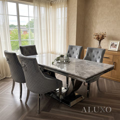 Urban 1.8m Light Grey Marble Dining Set - Chrome U Base Table with 4/6/8 Bentley Velvet Chairs