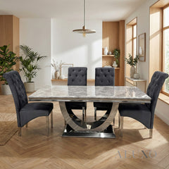 Urban 1.8m Light Grey Marble Dining Set - Chrome U Base Table with 4/6/8/10 Einar Grey Velvet Chairs