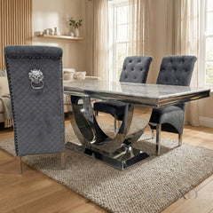 Urban 1.8m Light Grey Marble Dining Set - Chrome U Base Table with 4/6/8/10 Einar Grey Velvet Chairs